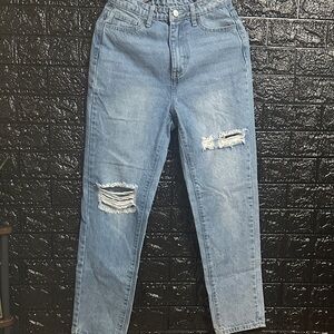 SHEIN Blue Ripped Straight Leg Jeans
